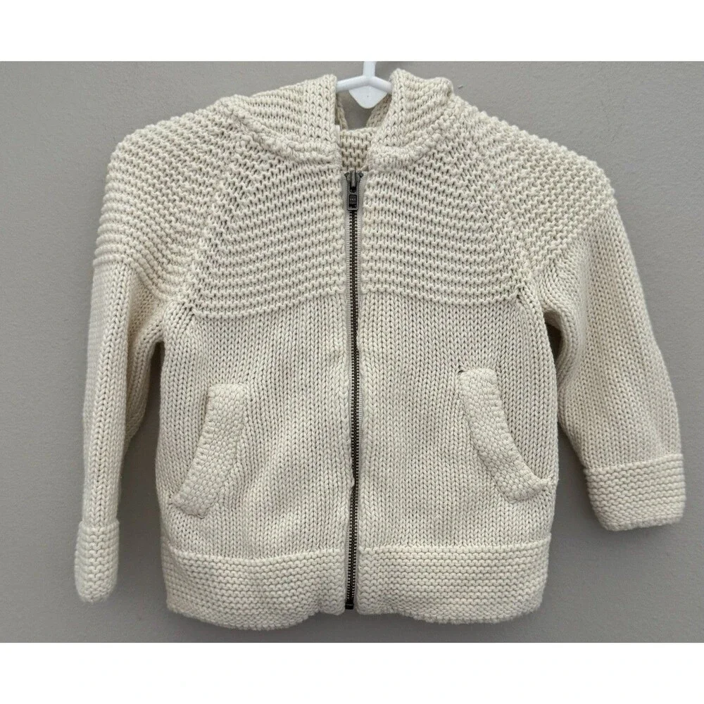 Baby Gap 18/24 Unisex Ivory Knit Full Zip Hooded Sweater Preppy 100% Cotton